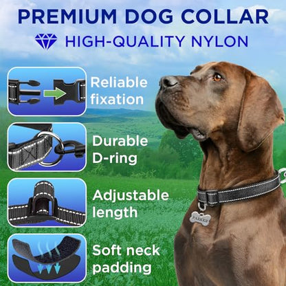 TECEUM Reflective Dog Collar – Black – M – Extra Soft Padding – Basic Nylon Pet Collar – Quick Release Buckle – Fits Small, Medium and Large Dogs, Puppies, Cats – ESA & Service Dog Options - color: Black, size: Medium