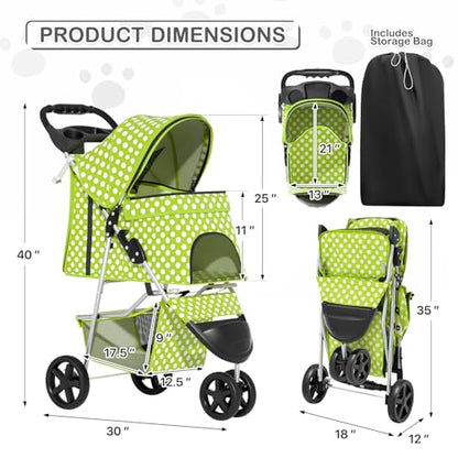 MoNiBloom 3 Wheels Pet Dog Cat Stroller for Small Medium Dogs Cats, Foldable Jogger Stroller w/Storage Basket and Cup Holder, Lawn Green Polka Dots - color: Lawn Green Polka Dots
