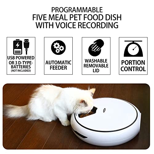 Lentek 5-Meal Automatic Pet Feeder with Voice Recording, Digital Timer, 25 oz Capacity, Food Dispenser for Cats, Dogs & Small Pets