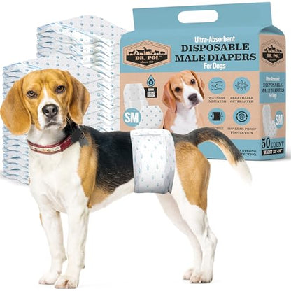Dr Pol Dog Diapers for Male Dogs | Disposable Pet Diapers with Wetness Indicators | Adjustable Fit | Leak Protection & Super Absorbent | Perfect for Heat Cycles & Training Accidents | Pack of 50 - size: SM Waist Size 12 - 19 in