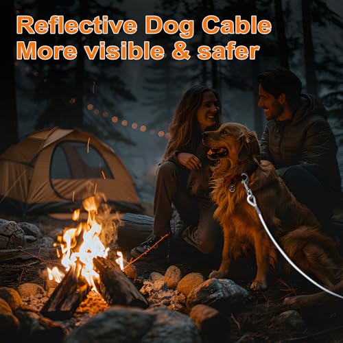 Reflective Dog Stakes for Outside Kit,Dog Tie Out Cable,15ft Heavy-Duty 200Lbs Stake with 360° Rotating Clip,Waterproof Bite-Proof Leash for Camping/Yard (Green) - size: 15 FT