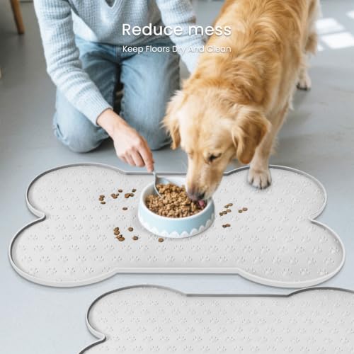 PWTAA Dog Food Mat Anti-Slip Silicone Dog Bowl Mat Thicker Pet Placemat Waterproof Cat Feeder Pad with Raised Edge Puppy Kitten Feeding Mats Suitable Small Medium-Sized Dogs Cats Eating Tray - 2PCS - color: White, size: 19.4" x 9.8"-2PCS