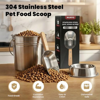 Dog Food Scoop 1 Cup with Clear Measurement Lines, Food Measuring Cup with Long Wooden Handle, 304 Stainless Steel Pet Food Scoop for Dog Cat Food, Coffee, Flour