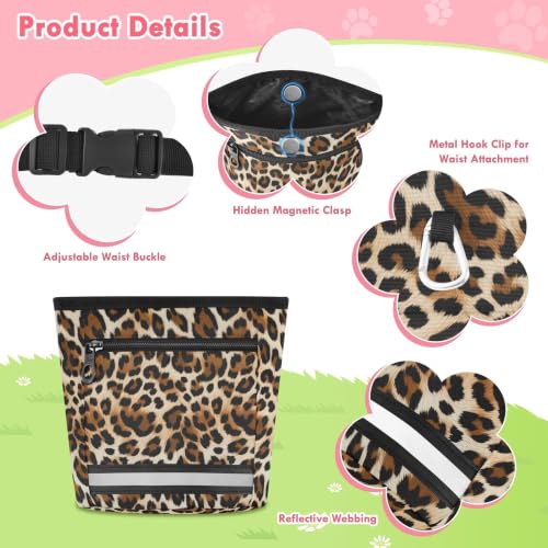 Leopard Spots Water-Resistant Dog Treat Pouch, 3 Ways to Wear Treat Bag with Magnetic Closure & Reflective Strip, Hands-Free for Pet Training, Walking