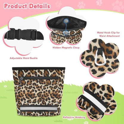 Leopard Spots Water-Resistant Dog Treat Pouch, 3 Ways to Wear Treat Bag with Magnetic Closure & Reflective Strip, Hands-Free for Pet Training, Walking