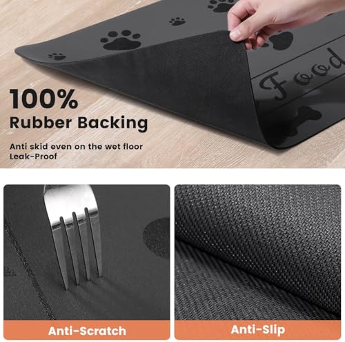 Personalized Dog & Cat Food Mat with Name | Waterproof PU Pet Bowl Mat | Non-Slip Rubber Bottom | Easy Clean | 3 Sizes (24"×16", 30"×20", 36"×24") Black Paw Prints - color: black bone and paw prints