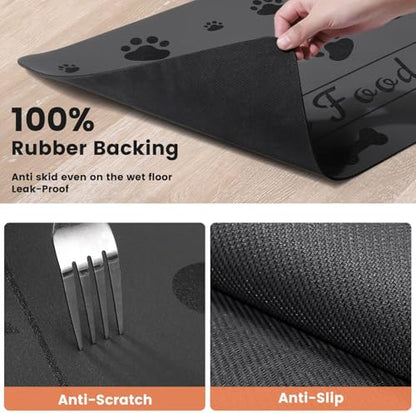 Personalized Dog & Cat Food Mat with Name | Waterproof PU Pet Bowl Mat | Non-Slip Rubber Bottom | Easy Clean | 3 Sizes (24"×16", 30"×20", 36"×24") Black Paw Prints - color: black bone and paw prints