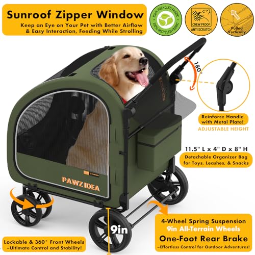 PAWZIDEA 3-in-1 Dog Stroller for Large Dogs with Detachable Carrier, 45% Extra Tall Dog Car Crate up to 100lb Sit Upright, Foldable Pet Stroller for 2 Medium Dogs All-Terrain Jogger, Adjustable Handle - color: Forest Green