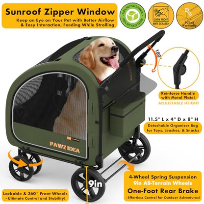 PAWZIDEA 3-in-1 Dog Stroller for Large Dogs with Detachable Carrier, 45% Extra Tall Dog Car Crate up to 100lb Sit Upright, Foldable Pet Stroller for 2 Medium Dogs All-Terrain Jogger, Adjustable Handle - color: Forest Green