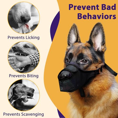 LUCKYPAW Dog Muzzle, Patented Mesh Muzzle for Large Medium Small Dogs Allows Full Pant Drinking Mouth Cover to Prevent Biting Chewing Scavenging Adjustable Breathable Mouth Guard(Black,XXL) - size: XXL-Snout:12.25-13.75"