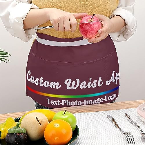sophiehome Custom Waist Apron with Pockets Add Photo Logo Name Personalized Waiter Server Short Aprons for Kitchen - color: Maroon
