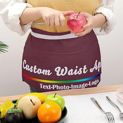 sophiehome Custom Waist Apron with Pockets Add Photo Logo Name Personalized Waiter Server Short Aprons for Kitchen - color: Maroon