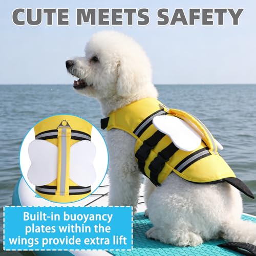KOOLTAIL Dog Life Jacket, Cute Bee Front Float Dog Life Vest for Swimming Boating, Reflective Pet Lifesaver Swimsuit with Rescue Handle and Chin Float, Super Buoyancy for Puppy Small Medium Dogs, S