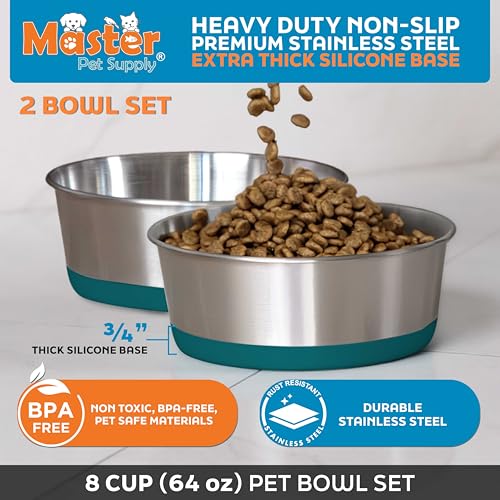 Master Pet Supply Stainless Steel Dog Bowls Set of 2 with Extra Thick Silicone Base - 8 Cup (64 oz) Emerald Sea, Non-Slip, Dishwasher Safe Metal Bowls, Pet Dog Food Bowl for Dogs, Cats, Anti Rust - color: Emerald Sea, size: 8 Cups (64 oz) 2 Pack