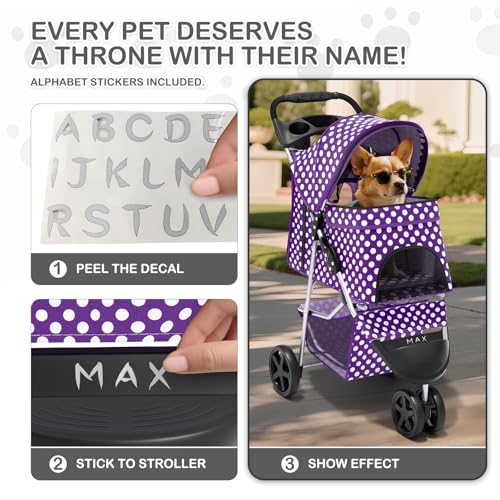 MoNiBloom 3 Wheels Pet Dog Cat Stroller for Small Medium Dogs Cats, Foldable Jogger Stroller w/Storage Basket and Cup Holder, Purple Polka Dots - color: Purple Polka Dots