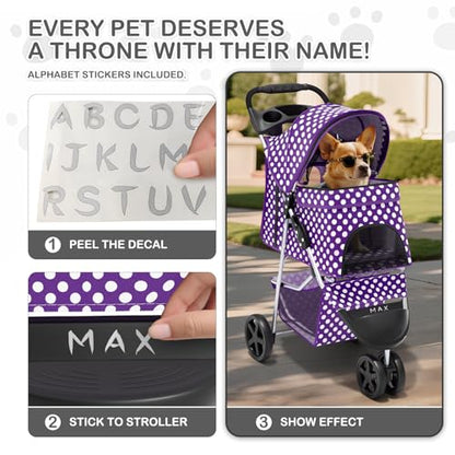 MoNiBloom 3 Wheels Pet Dog Cat Stroller for Small Medium Dogs Cats, Foldable Jogger Stroller w/Storage Basket and Cup Holder, Purple Polka Dots - color: Purple Polka Dots