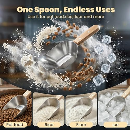 Dog Food Scoop 1 Cup with Clear Measurement Lines, Food Measuring Cup with Long Wooden Handle, 304 Stainless Steel Pet Food Scoop for Dog Cat Food, Coffee, Flour