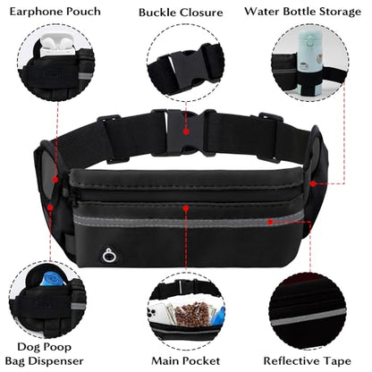 Hands Free Dog Leash - Waist Running Leashes with Zipper Pouch, Adjustable Reflective Waist Belt, Dualc Handle Retractable Bungee for Small Medium Large Dogs Walking Jogging (Black 4.1-7.2ft)