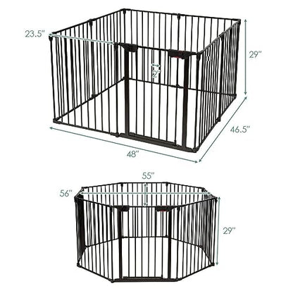Costzon Baby Safety Gate, 181-Inch Extra Wide Fireplace Fence, Foldable Pet Gates with Add/Decrease Panels Directly, Wall-Mount Metal Gate for Pet & Child - color: Black, size: 8-Panel