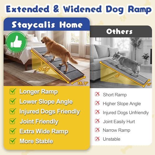 Extra 51.2" Long Dog Ramp for Bed & Couch - Adjustable Height 9.5" to 24" Wooden Non-Slip Pet Ramp, Portable Foldable Doggie Car Ramp for Small Medium Large Older Dogs, 200 LBS Load
