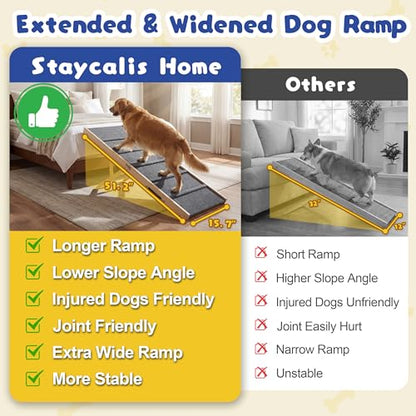 Extra 51.2" Long Dog Ramp for Bed & Couch - Adjustable Height 9.5" to 24" Wooden Non-Slip Pet Ramp, Portable Foldable Doggie Car Ramp for Small Medium Large Older Dogs, 200 LBS Load