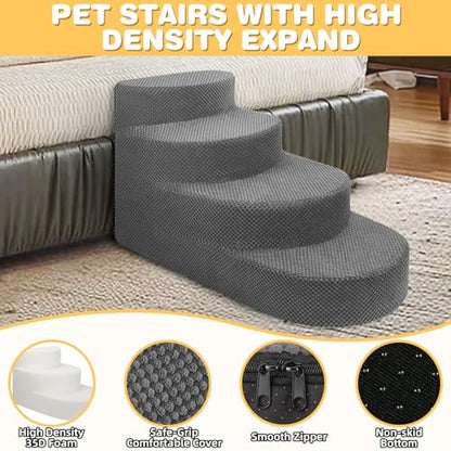 Dog Stairs 4 Steps Foam Pet Ramp for Small Dogs Cats, Grey | Non-slip foam stairs with washable cover, ideal for beds & sofas. Sturdy, safe & easy to clean. - color: Gray-4-Step