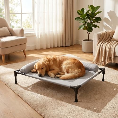 ALPHA TEC Elevated Dog Cot Bed with Plush Padded Bolster, High-Ventilation Mesh, Steel Frame, Non-Slip Feet, Gray (Large)