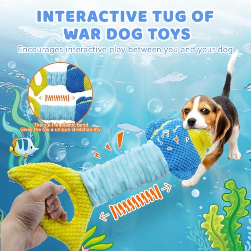 YZHDUXIU Fish Dog Squeak Toys, Elastic Band Tug of War Dog Toy with Crinkle | Plush fish with squeaker & crinkle fins; stretchy elastic band; soft PP cotton; gentle on teeth; for puppies medium adults - color: Blue Yellow Fish