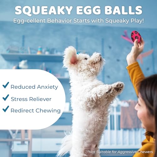 SunGrow Squeak Balls for Dogs, Companion for Puppies and Small Breeds, 3 Assorted Easter Egg Designs, Indoor, Outdoor Interactive Throw and Fetch Orbs, Soft Rubber, Blue, Pink and Yellow, 2.5x1.5