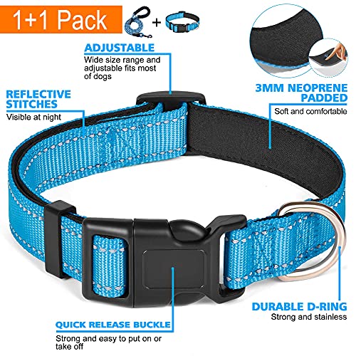 Ladoogo Reflective Dog Collar Padded with Soft Neoprene Breathable Adjustable Nylon Dog Collars for Small Medium Large Dogs (X-Small (Pack of 1), Vivid Blue Collar+Leash) - color: Vivid Blue Collar+Leash, size: X-Small (Pack of 1)