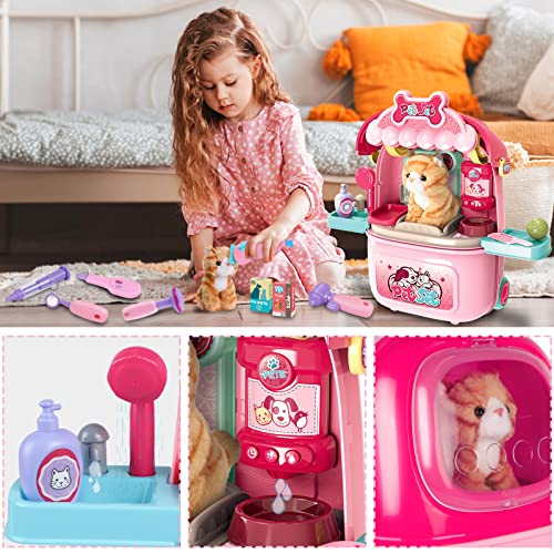 MAGIC4U Pet Cat Care Carrier Suitcase Toy, 29PCS Vet Clinic and Doctor Kit for Kids, Pet Kitty Grooming Feeding Toys, Veterinarian Pretend Play Set, Gifts for Boys and Girls Ages 3-12 | Kitty Vet Toys, Animal Doctor Kit for Toddlers, Cat Grooming Toys, Pr