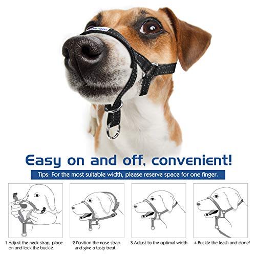 Pawaboo Dog Muzzle, Head Halter Collar for Dog, Pet Nylon Reflective Adjustable Loop Anti-Biting Barking Control Easy Fit Dogs Stops Dogs Pulling Head Leash, Small Size, Black - color: Black, size: Small