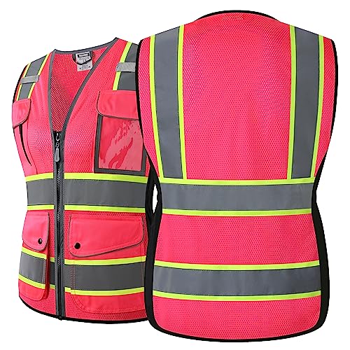 High Visibility Reflection Pink Mesh Safety Vests with 8 Pockets and Front Zipper, hi vis safety vest for Women, Meets ANSI/ISEA Standards(Pink-16,X-Large) - color: Pink, size: X-Large