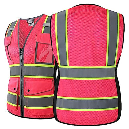 High Visibility Reflection Pink Mesh Safety Vests with 8 Pockets and Front Zipper, hi vis safety vest for Women, Meets ANSI/ISEA Standards(Pink-16,X-Large) - color: Pink, size: X-Large