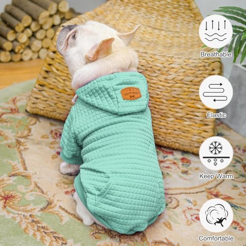 BEAUTYZOO Small Dog Hoodie Sweater with Pockets, Dog Clothes for Small Medium Dogs Boy Girl, Waffle-Like Laminated Cotton Pet Coats with Hat and Leash Hole, Mint Green XS - color: Mint Green, size: XS (Back: 10",Chest: 14", Neck: 8.7")