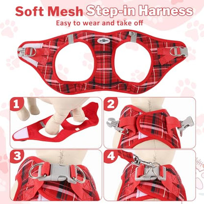 Gyuzh No Pull Dog Harness - 3-in-1 Step in Harness Collar Leash Set for Small Dog Walking & Training, Easy Walk Style, Lightweight Plaid Vest (Red, M) - color: Red, size: M