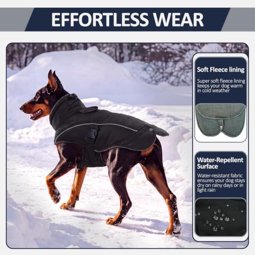 DENTRUN Warm Dog Winter Coat, Easy On Reflective Turtleneck Fleece Jacket | Adjustable buckle, easy on off, windproof & water-repellent, thick fleece snowsuit, outfit fits small to large breeds - color: Black, size: Large