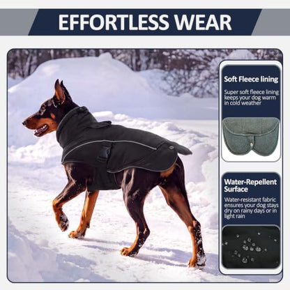 DENTRUN Warm Dog Winter Coat, Easy On Reflective Turtleneck Fleece Jacket | Adjustable buckle, easy on off, windproof & water-repellent, thick fleece snowsuit, outfit fits small to large breeds - color: Black, size: Large