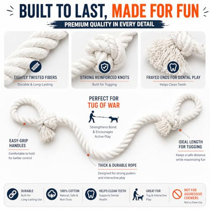 Cotton Dog Rope Toy with Dual Handles 45" Extra Long Tug Toy for Medium to Large Dogs, Durable Interactive Tug-of-War, Teeth Cleaning, Indoor Outdoor Play, White - style: Interactive Play