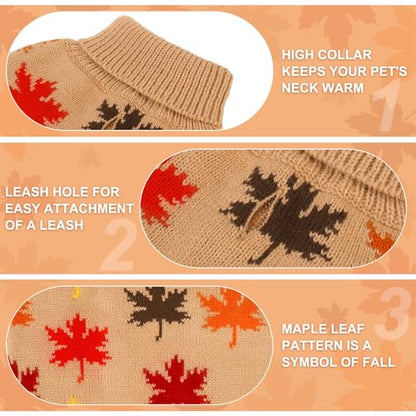 BEAUTYZOO Fall Sweater - Small Dog Sweaters for Girls & Boys, Turtleneck Knitwear in Cold Weather, Maple Leaf Cable Knit Puppy Pullover, Pet Apparel (Khaki, M) - color: Maple Leaf Khaki, size: M (Back: 16",Chest: 21", Neck: 13")