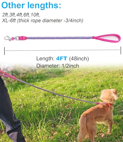 2/3/4/6/10 Foot Reflective Dog Leash Strong Nylon Rope Braided Heavy Duty for Large Medium Small Dogs Walking Training Leads (Pink, 4ft * 1/2") - color: Pink, size: 4ft * 1/2"
