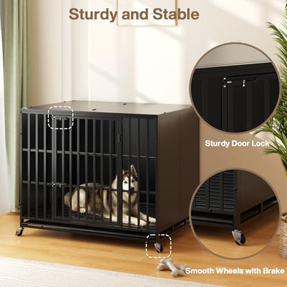 LEMBERI 42 inch Heavy Duty Indestructible Dog Crate, High Anxiety Extra Large Dog Cage for Large Dogs, XL Steel Escape Proof Dog Kennel with Wheels and Removable Tray - color: Black, size: 43.3"L x 30.7"W x 33.8"H