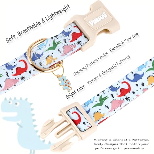PREHAI Light Blue Dinosaur Dog Collar Funny Spring Summer Collars with Cute Dinosaurs Pattern for Boy Male Small Medium Large Dogs M - color: Light Blue Dinosaur, size: M