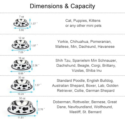 Stainless Steel Dog Bowls, Food and Water Non Slip Anti Skid Stackable Pet Puppy Dishes for Small, Medium and Large Dogs (2 Pack) - color: Milk Cow, size: ¾ Cup/7 oz