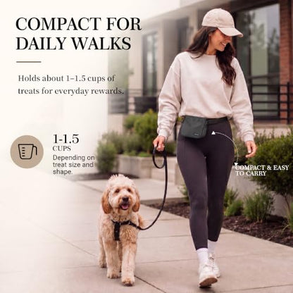 Dog Treat Pouch for Walks & Training, Stylish Everyday Treat Bag with Easy-Clean TPU Lining, Structured Magnetic Closure, Rear Pocket for Keys & Essentials, Holds 1–1.5 Cups, Graphite Black
