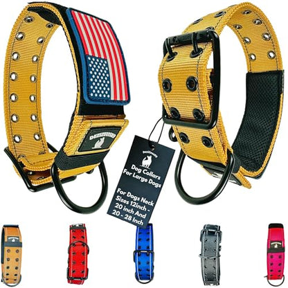 Tactical Dog Collar 2 Inch Wide Heavy Duty with Metal 2-Pin Belt Buckle for Medium, Large & XL Dogs, Thick Military-Style K9 Collar, Reflective, with Name Plate Area, USA Flag Patch, Strong & Durable - color: DESERT TAN, size: 20-28 inches