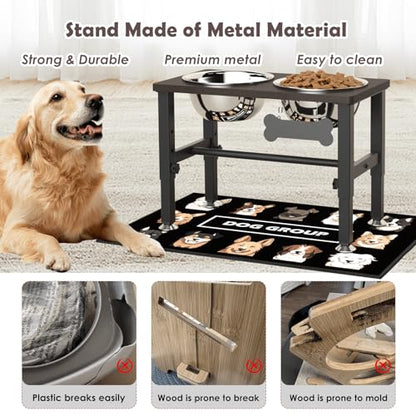 SHAINFUN Elevated Dog Bowls with Slow Feeder & Mat for Medium Large Dogs, Adjustable Height, Raised Dog Bowl Stand with 2 Stainless Steel 58oz Bowls, Tall Dogs Food Water Bowl Wooden & Metal Holder - color: Coffee-1.7L