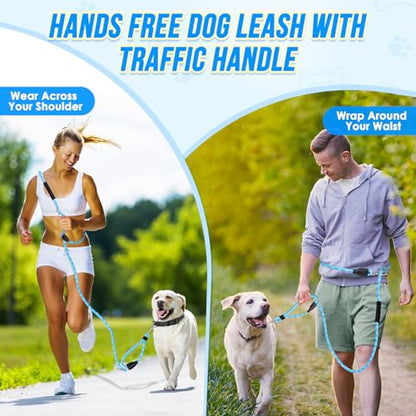 Lukovee Hands Free Dog Leash, 10FT Adjustable Training Lead 1/2 Inch Nylon Heavy Duty Lead No Pull for Large Medium Dogs, Tangle Free Reflective Waist-Leash for Walking Running(Xie-Blue, Plus Handle) - color: Blue Diagonal Stripe
