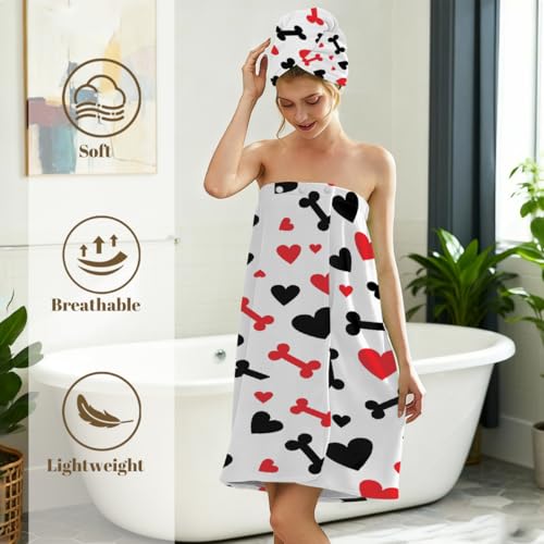 Hearts Dog Bones Microfiber Bathrobe and Hair Towel Wrap Set for Women Quick Dry Shower Towels Wrap Absorbent Soft Bath Robe and Hair Drying Cap for Spa After Shower