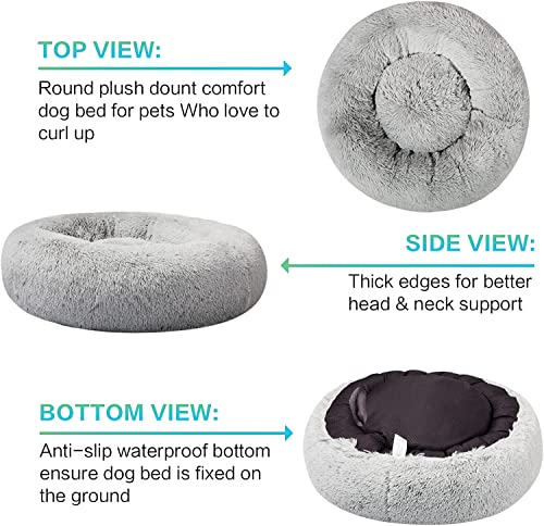 SAVFOX 20 inches Calming Donut Dog Bed - 3X Durable Plush Faux Fur, Machine Washable & Non-Slip, Fits up to 15 lbs, Light Grey - color: Light Grey, size: X-Small | 20"x20"
